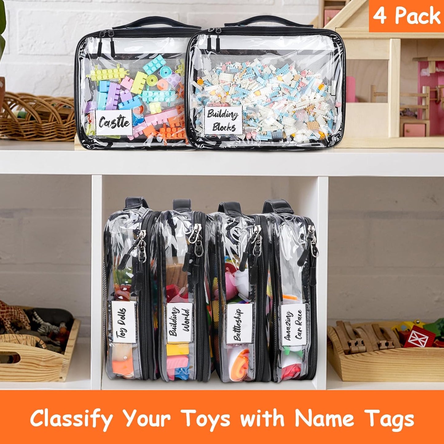 4 Pack Toy Storage Organizer Bag for Lego Bricks, Clear PVC Zippered Block Set with Manual Pocket& Name Tag, Waterproof Toy Carrying Case for Board Game, Building Blocks& Puzzles (Large, Black)