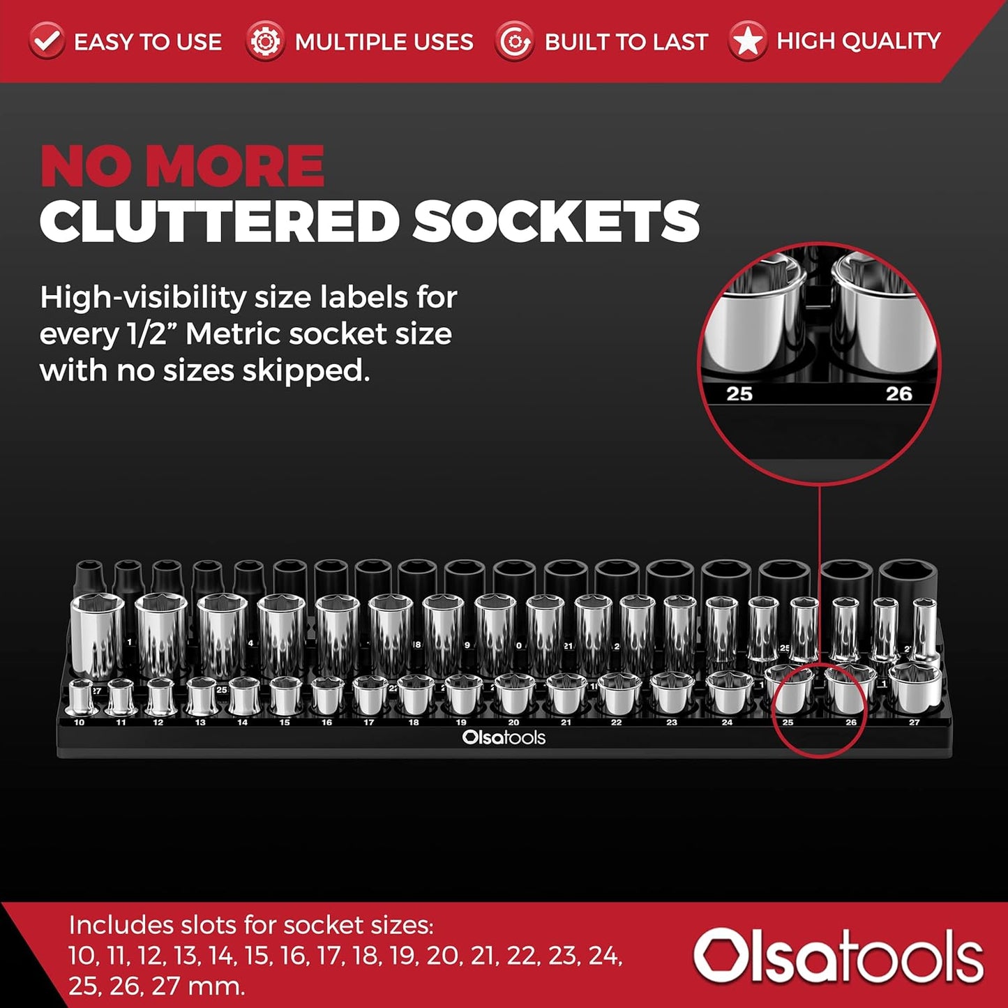 Olsa Tools Magnetic Socket Organizer (1/2-Inch Drive, 3 Row) - Magnetic Tool Organizer & Socket Holder - Tool Box Socket Organizers - Metric Black - Holds 54 Sockets - Professional Grade - Part: 1552