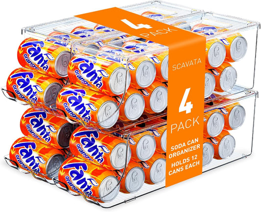 4 Pack Soda Can Organizer for Refrigerator, Stackable Canned Food Pop Cans Container Can Holder Dispenser with Lid for Fridge Rack Freezer, Clear Storage Bins-Holds 12 Cans Each (Transparent)