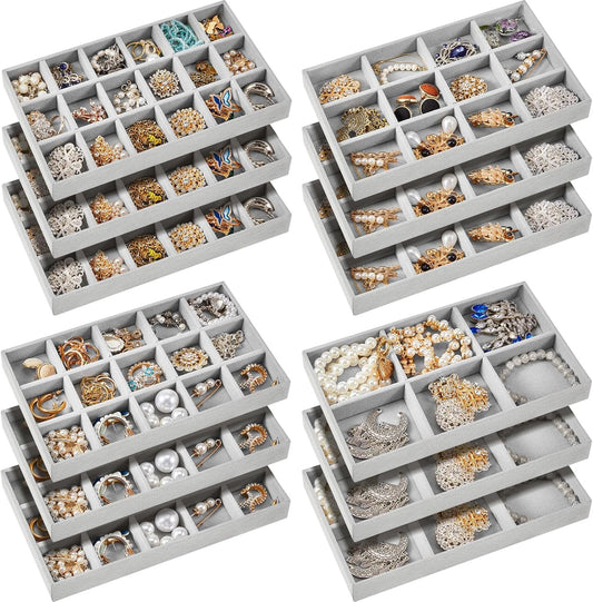 Junkin 12 Pcs Jewelry Tray Velvet Stackable Jewelry Organizer Trays Divided Earring Accessories Storage Containers Box (Rose Red)