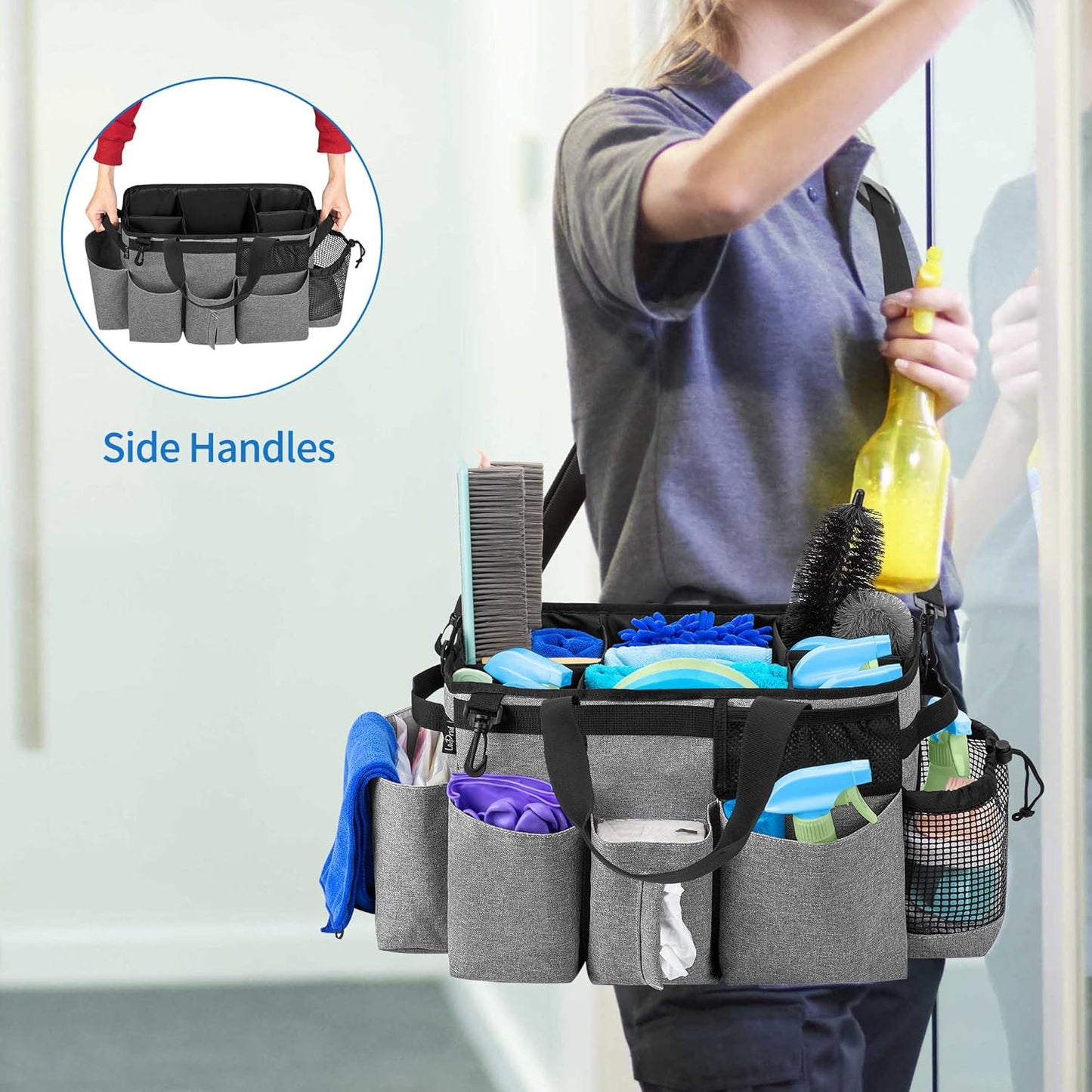 LoDrid Wearable Cleaning Caddy Bag with 4 Foldable Dividers, Cleaning Supply Organizer with Shoulder Strap and Side Handles for Cleaners & Housekeepers, Grey