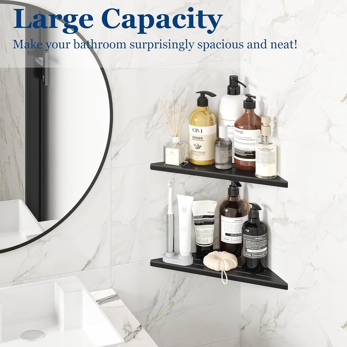 Corner Shower Shelves, 10” Recessed Tile Shower Shelf, 304 Stainless Steel Grout in Corner Tile Shower Shelves, No Drilling, Matte Black, 2 Pack