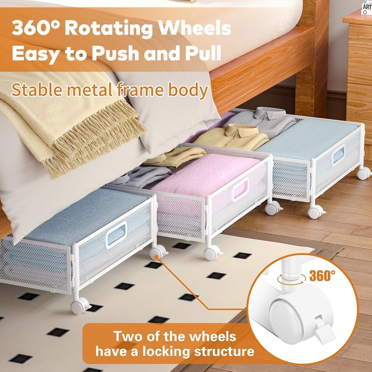 Under Bed Storage with Wheels, Rolling Under Bed Storage Bins for Shoes Clothes, Foldable and Easy Mobility (2 Pack, White)