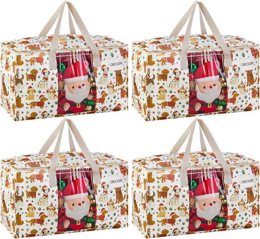 VENO 4 Pack Moving Bags, Large Christmas Storage Bins with lids, Packing Supplies for College, Alternative to Moving Boxes, Foldable, Heavy-Duty Tote, Christmas Pattern (Holiday Pups, 4 Pack)