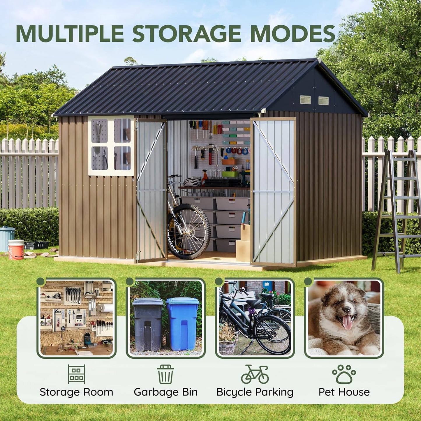 Update 8x10 FT Outdoor Metal Storage Shed, Single Door, 1 Clear Window, Tool Shed for Garden, Patio, Backyard Brown