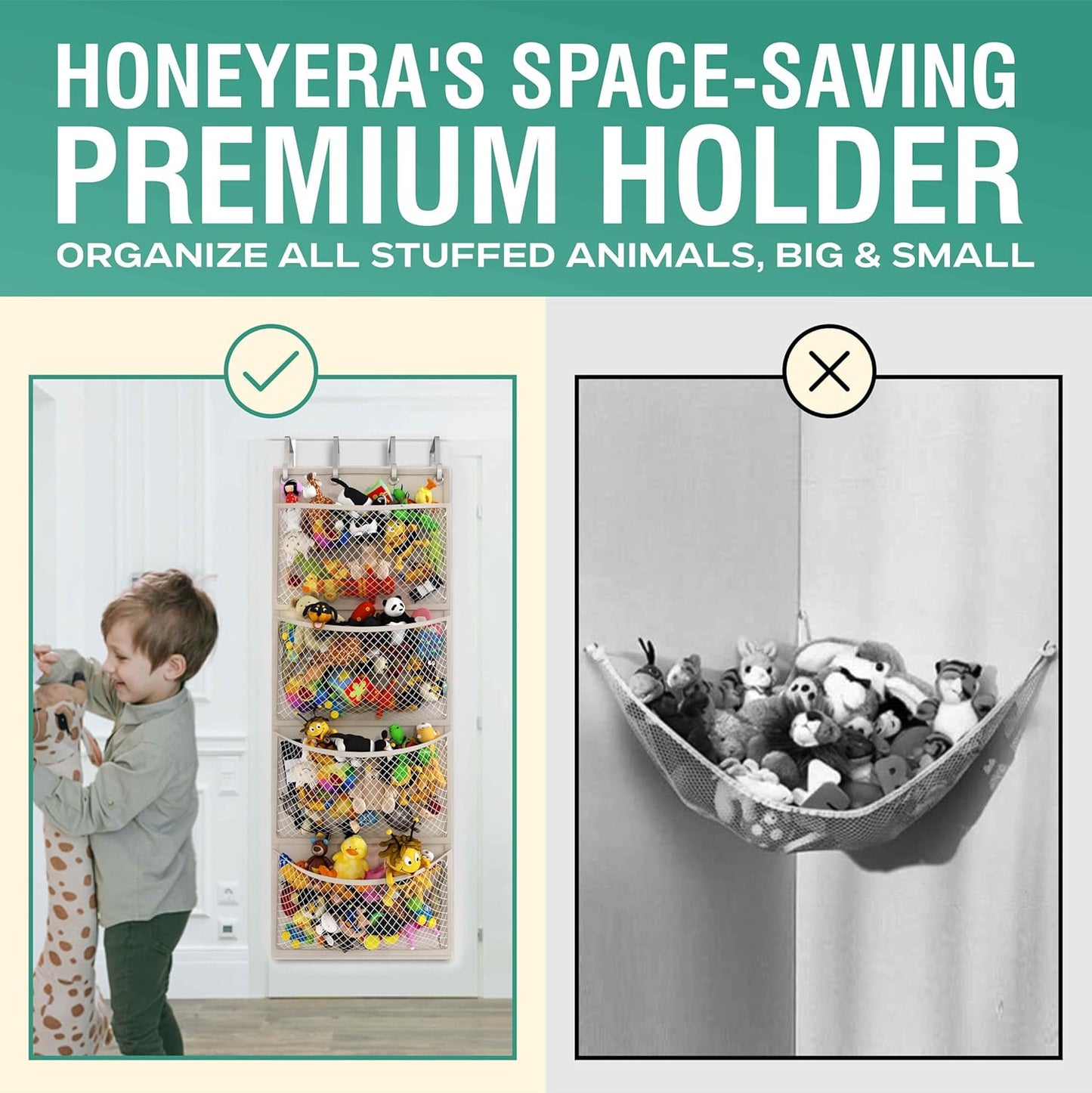 Honeyera The Original Stuffed Animal Storage (Patented) - Over Door Organizer for Stuffies, Baby Ideas Holder, Toy Plush Hammock Hanging Net Big Girls Toddler Large Bag Animals Stuffy Behind