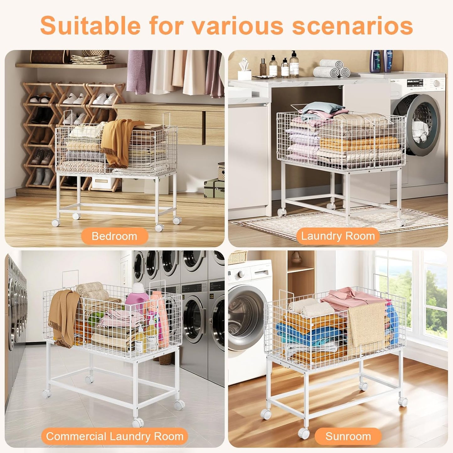 Large Rolling Laundry Basket Cart,Wire Laundry Hamper Cart with Handle and Wheels,White High Laundry Hamper for Laundry Room,Bedroom and Bathroom-120L White (29.5" L*19.7" W*27.95" H inch)
