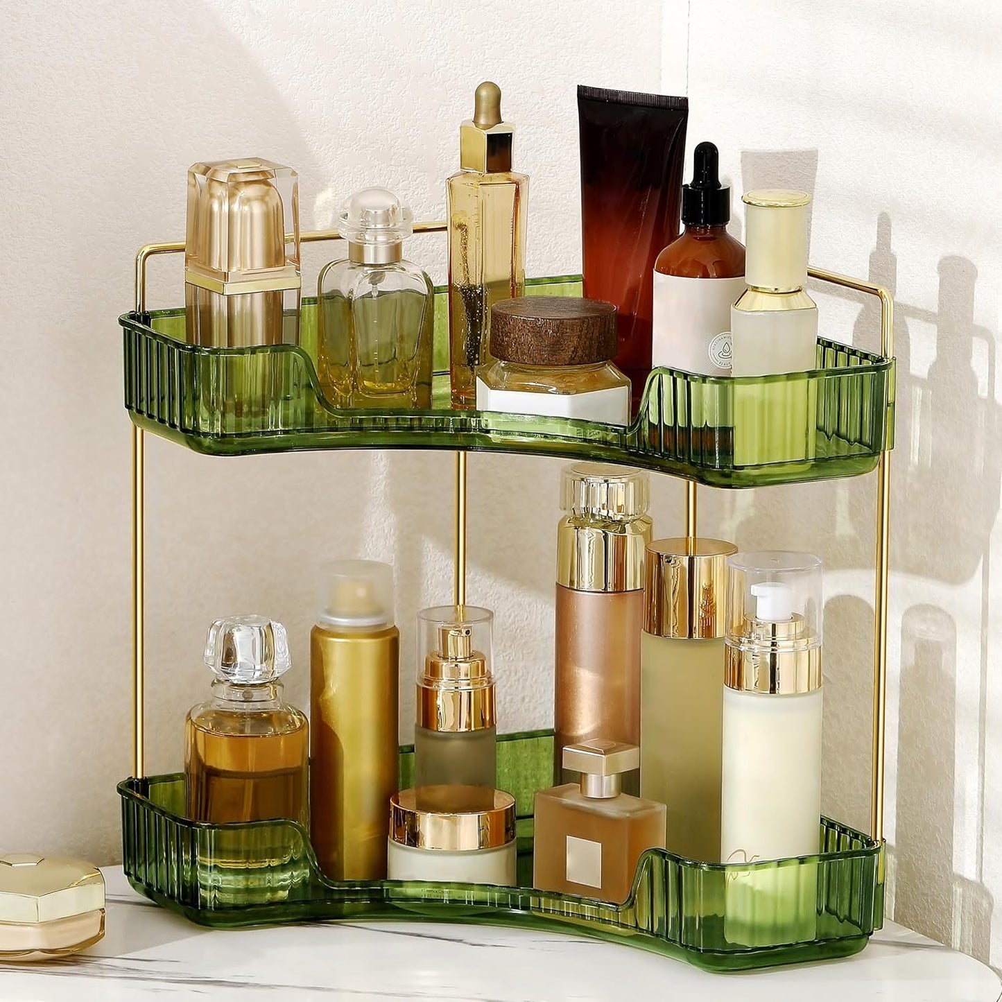YCIA&DONE Corner Bathroom Counter Organizer, Makeup Organizer for Vanity, Skincare Cosmetic Perfume Tray, Corner Countertop Shelf Rack Storage for Bathroom Kitchen 2 Tiers (Vintage Green)