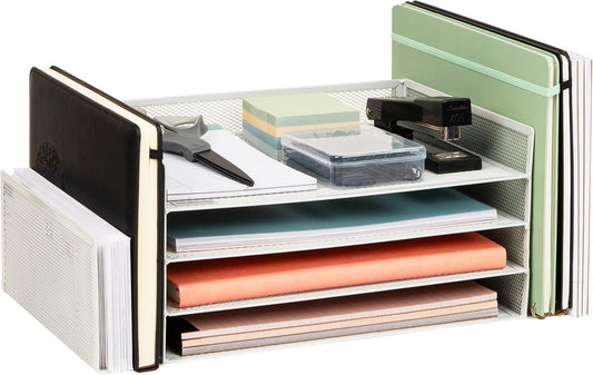 Mind Reader Desktop Organizer, File Storage, Paper Tray, Workspace, Office, Metal Mesh, 16.75" L x 9.15" W x 6" H, White