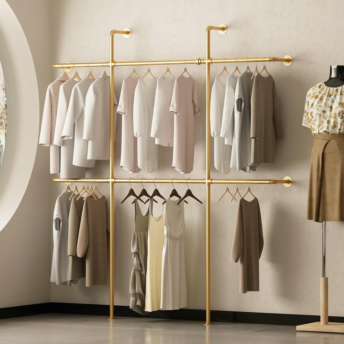 Gold Pipe Clothing Rack Wall Mounted, Industrial Pipe Clothes Racks with 6 Hanging Rods, Heavy Duty Clothing Racks for Laundry Room, Closet Systems for Walk in Closets