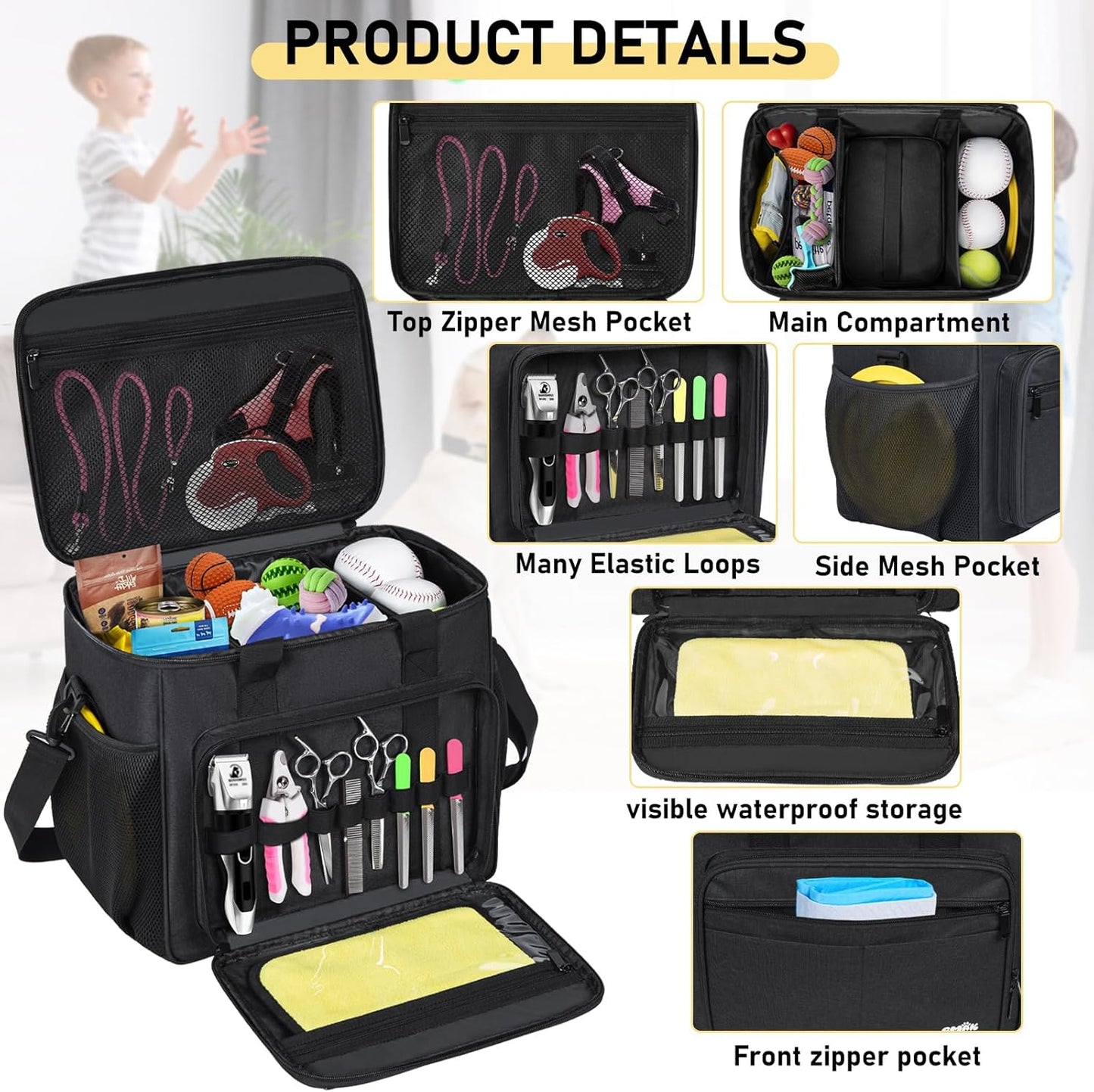 GMAK Large Pet Grooming Bag, Dog Grooming Tote Bags Supplies Organizer Case Pets Tools Organizer Tote for Dog Cat Grooming Tool Kit, Clippers, Scissors and Accessories, Black(Bag Only)
