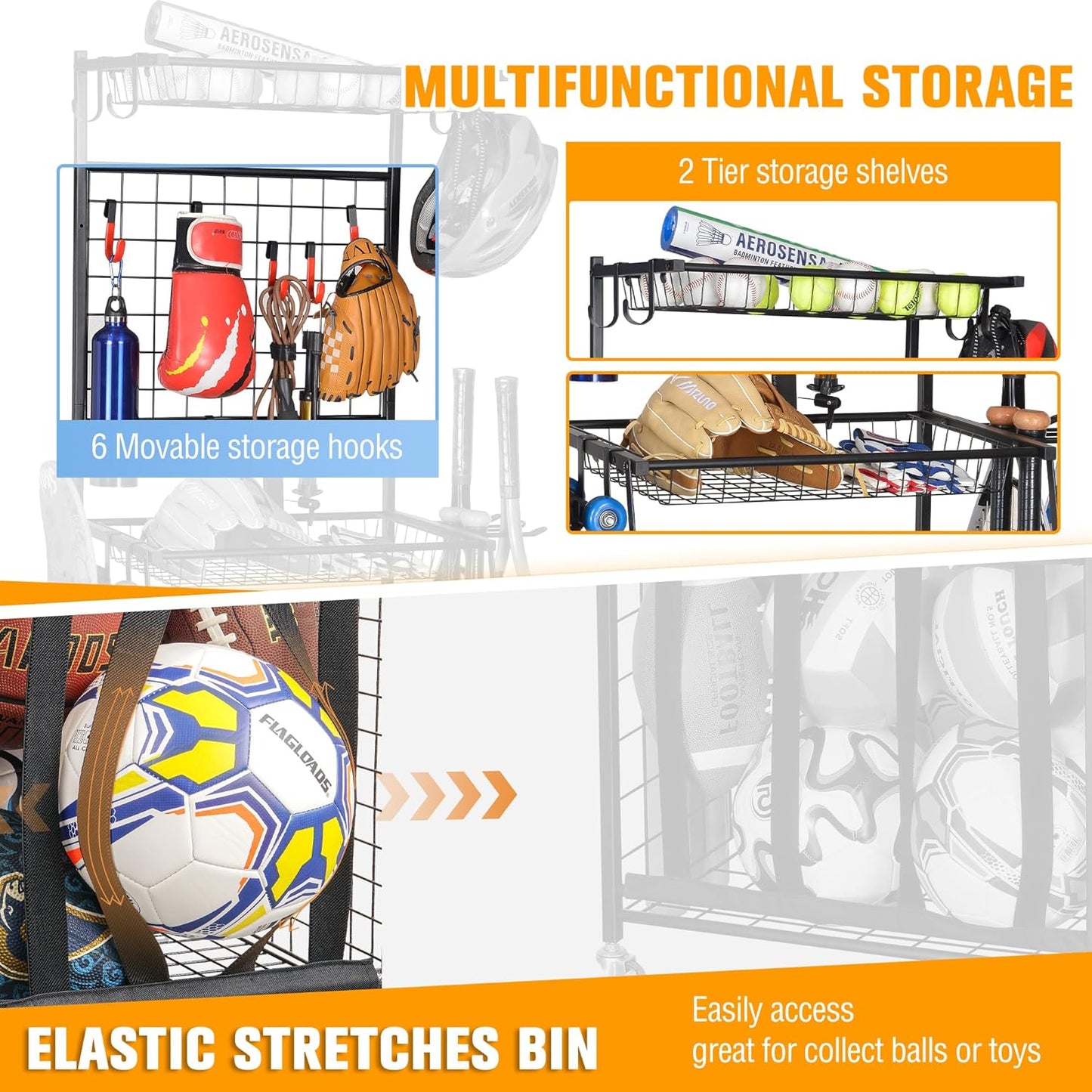 PLKOW Sports Equipment Storage for Garage, Indoor/Outdoor Sports Rack for Garage, Ball Storage Garage Organizer with Basket and Hooks,Toy/Sports Gear Storage