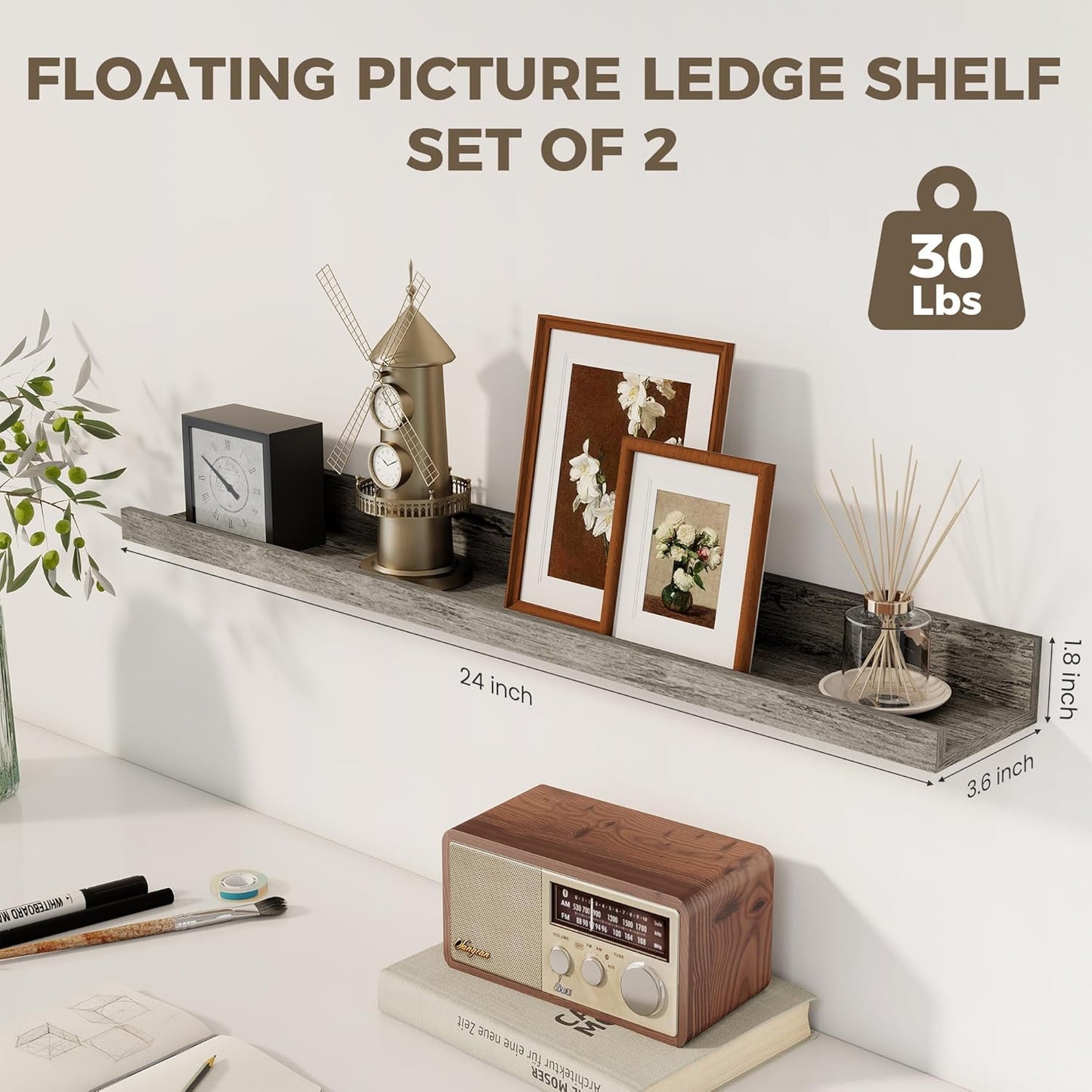 Axeman Floating Shelves for Wall - 24 Inch Picture Ledge Shelf Set of 2 - Rustic Picture Shelf for Wall with Ledge - Grey Floating Shelves with Lip - Photo Ledge Shelves for Pictures Nursery Books