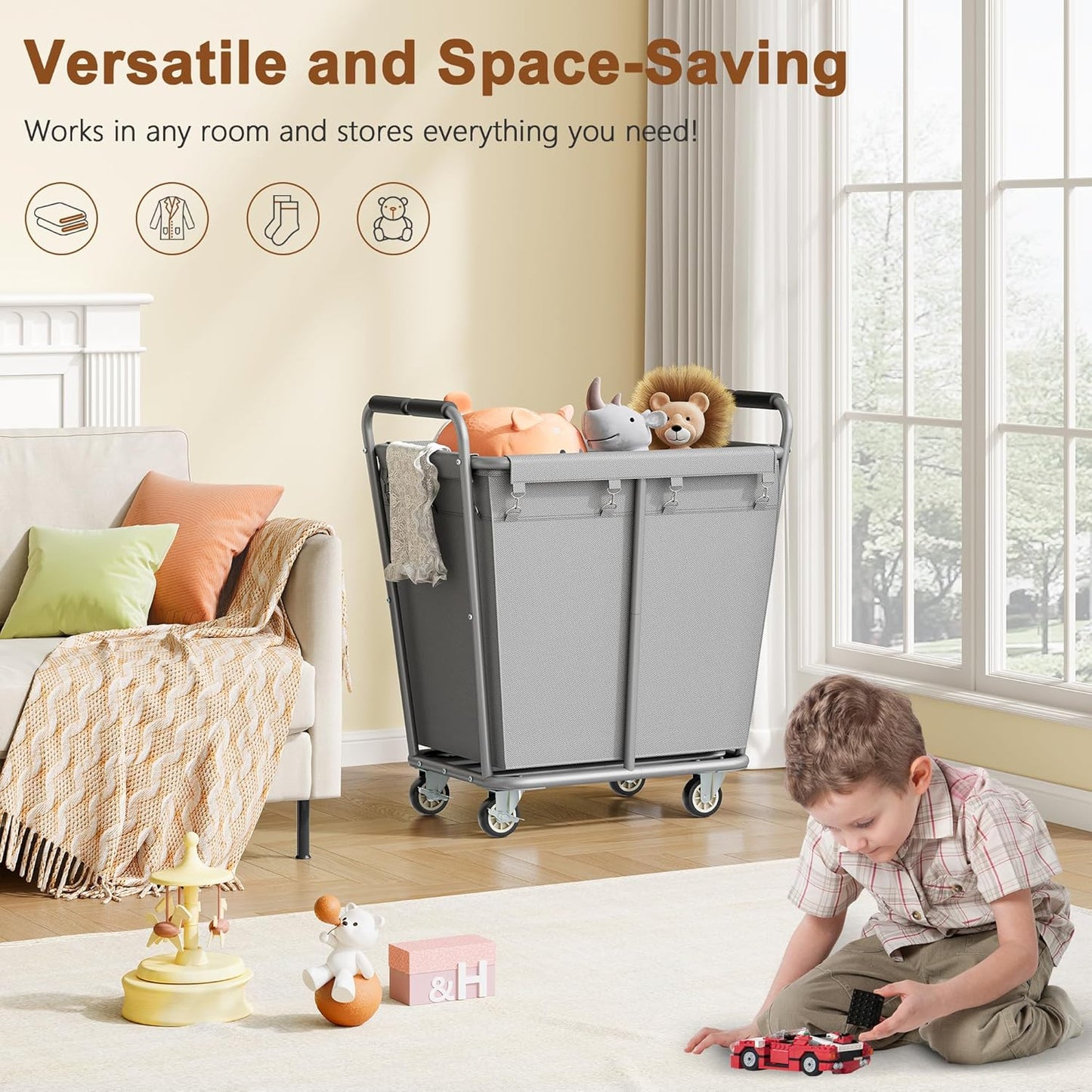 Hoctieon Large Laundry Cart with Wheels, 300L Heavy Duty Laundry Basket Organizer, Rolling Hamper Sorter for Clothes Storage, Industrial Dirty Clothes Hamper for Home & Hotel, Gray