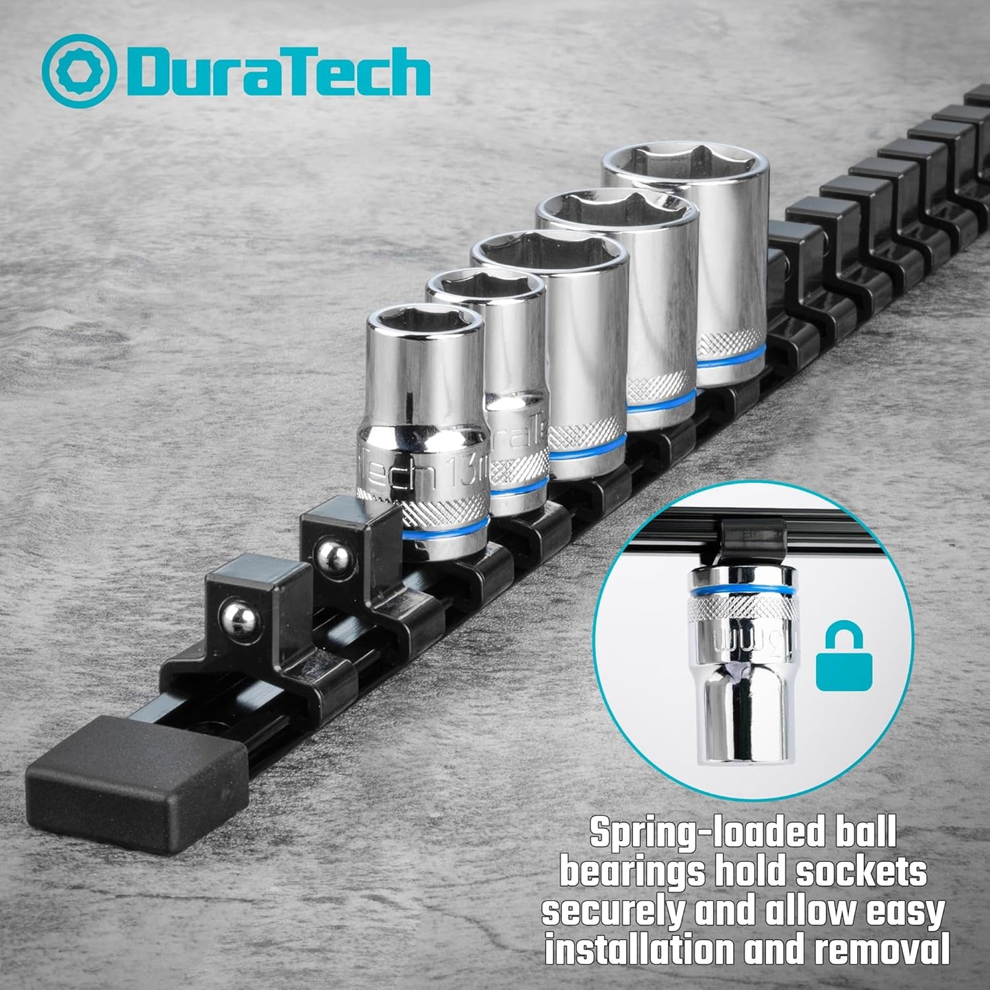 DURATECH Socket Organizer, 1/2-Inch Aluminum Alloy Socket Holder, Heavy Duty Socket Rail Hold 16 Sockets