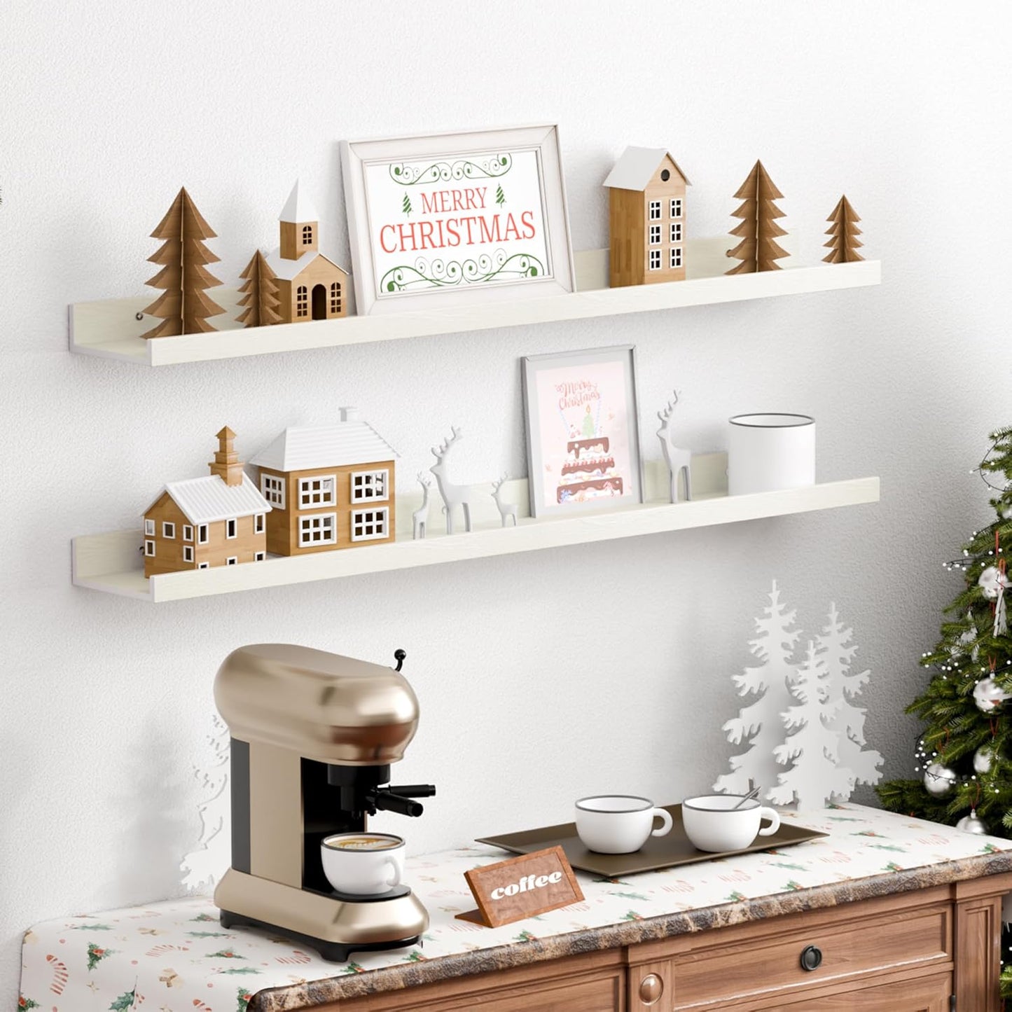upsimples Floating Shelves for Wall, 35.5 Inch Shelves for Decor Storage Set of 6, Wall Mounted Wood Shelf for Bedroom, Living Room, Bathroom, Kitchen, Long Picture Ledge Shelves, White