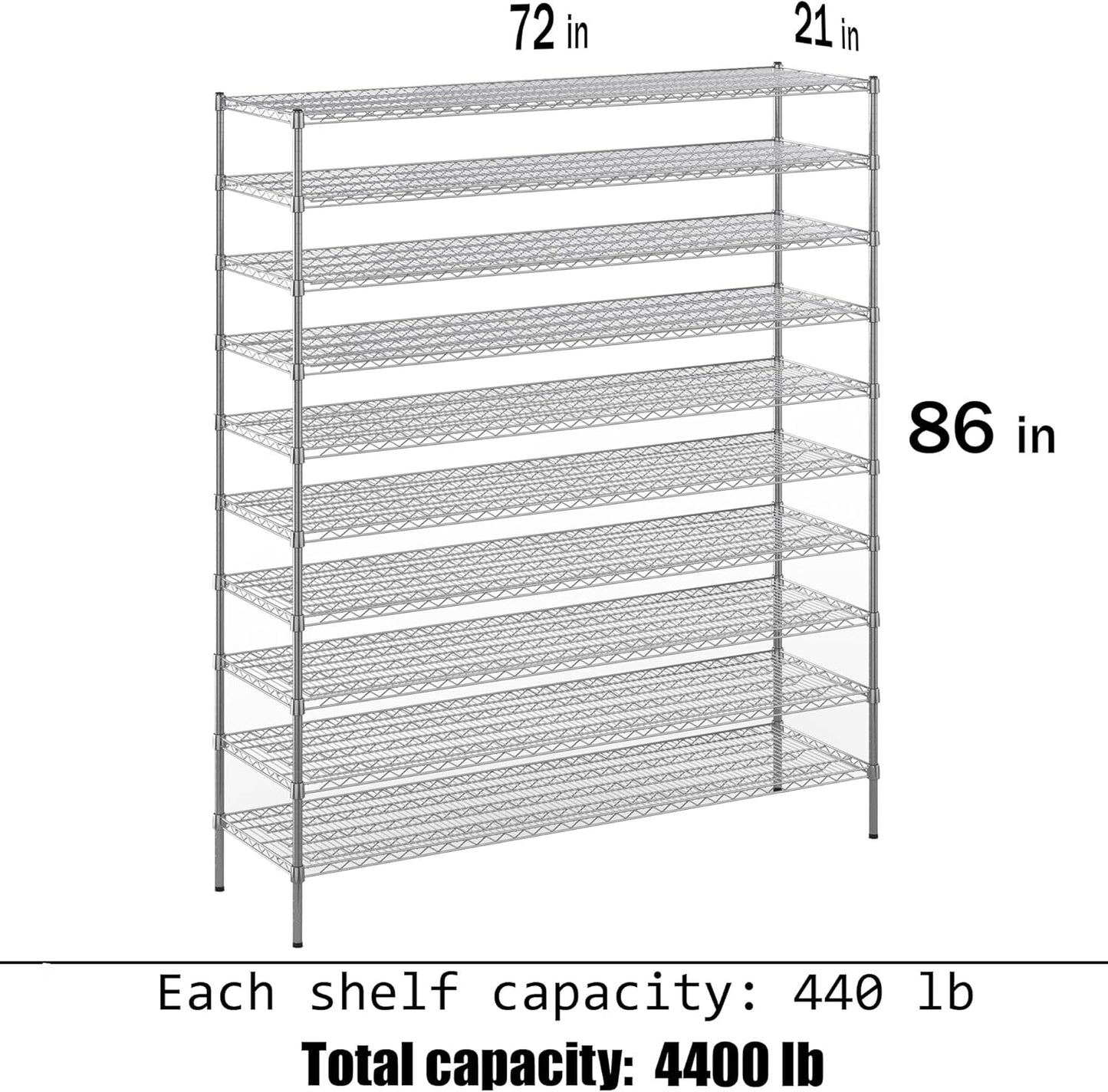 21" Deep x 72" Wide x 86" Height Wire Shelving Kit | 10-Tier | NSF Commercial Storage Rack Unit