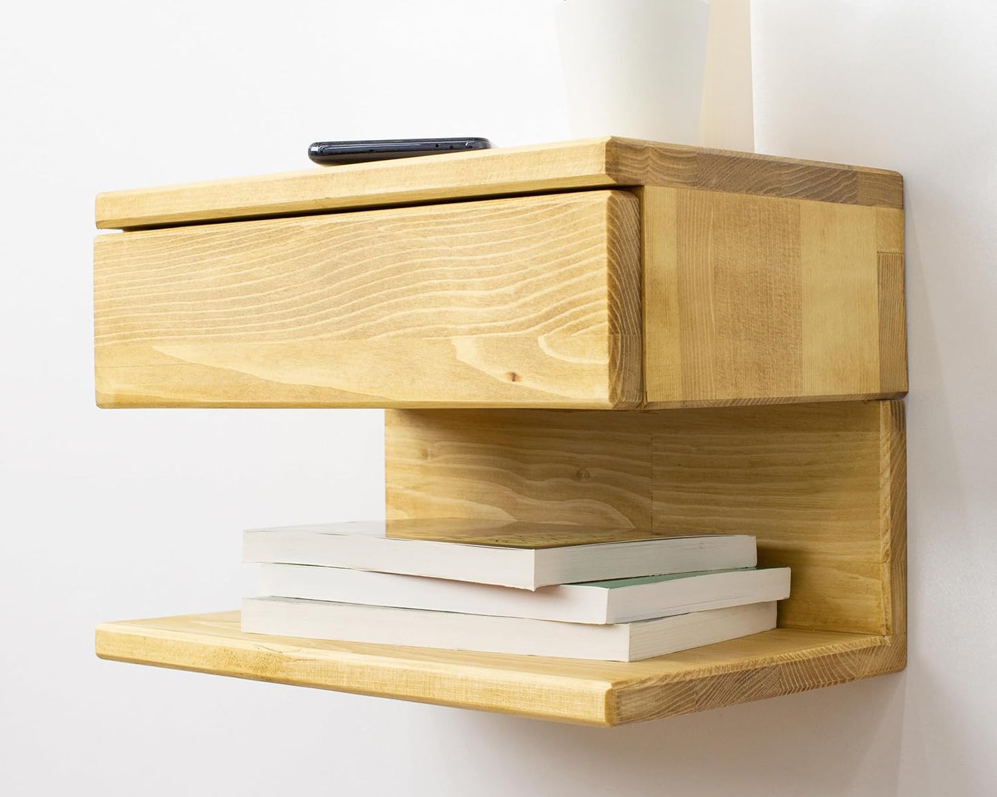 Floating Nightstand Side Accent or End Table with Storage Drawer, Wood Bedside Shelf, Handmade Floating Table (Madrid)