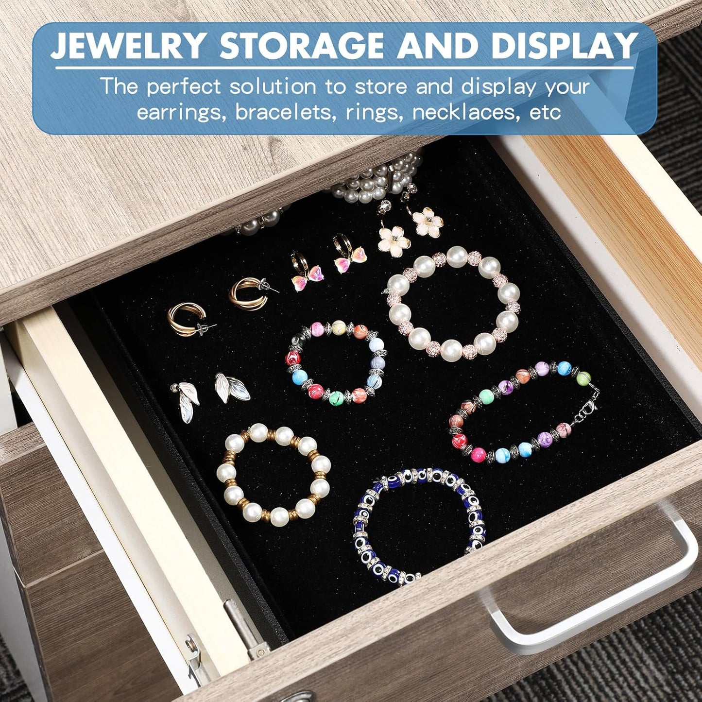 Quelay 6 Pcs Velvet Stackable Jewelry Tray Showcase Display, Jewelry Organizer Tray Bracelet Ring Earring Necklace Organizer Empty Plate for Drawers Countertop (Black)