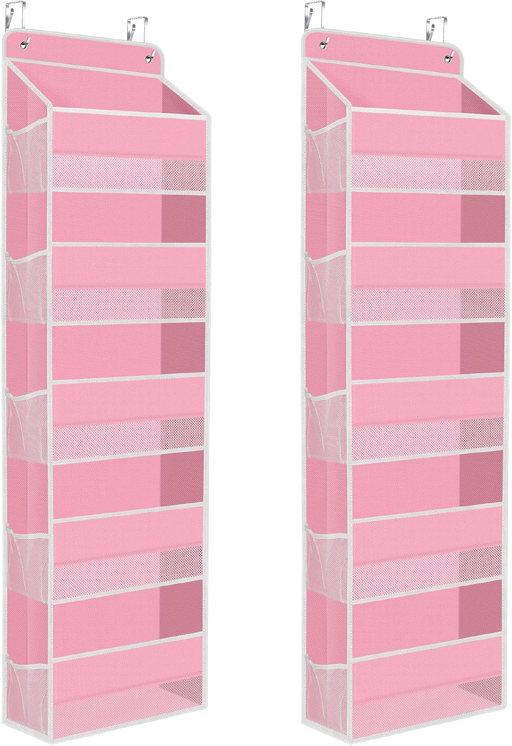 2 Pack Over The Door Organizer Hanging Storage Organizers with Clear Window 40lb Large Capacity Room Organizer for Pantry Laundry Bathroom Nursery Closet(Pink)