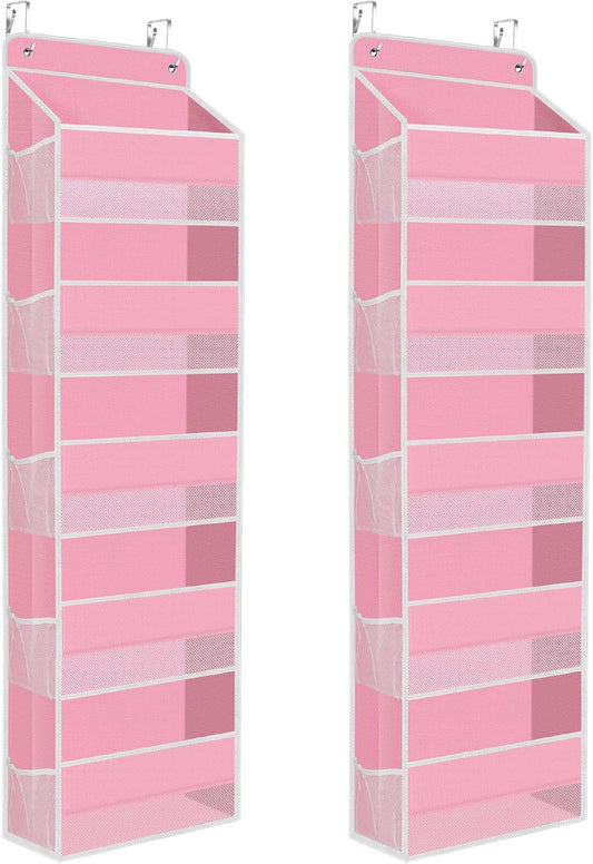 2 Pack Over The Door Organizer Hanging Storage Organizers with Clear Window 40lb Large Capacity Room Organizer for Pantry Laundry Bathroom Nursery Closet(Pink)