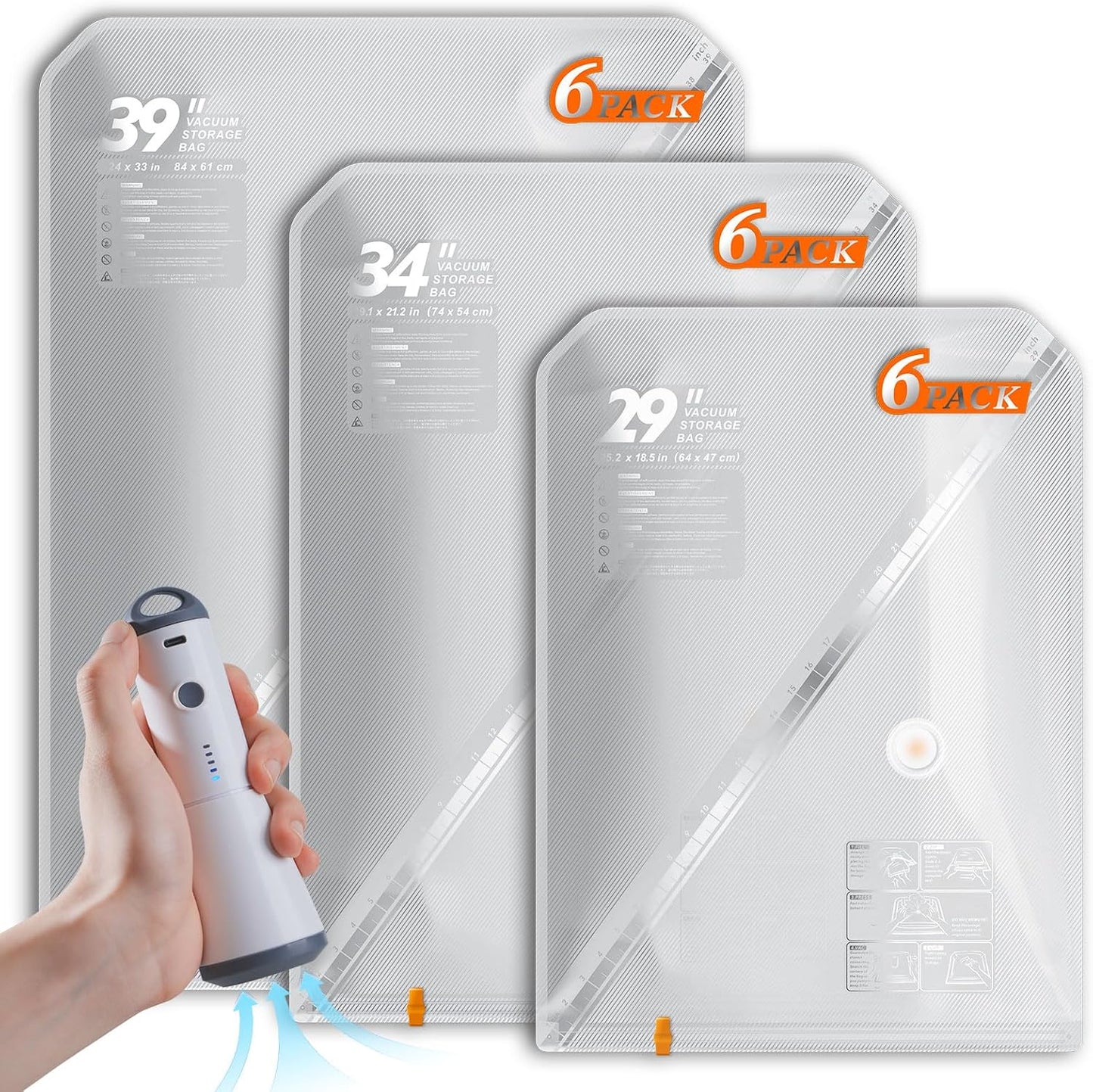 Vacuum Seal Bags for Clothing with Rechargeable Cordless Pump, 18 Pack Vacuum Storage Space Saver Bags, Compression Packing Seasonal Storage for Clothes Bedding Blanket Pillows Comforters