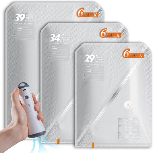 Vacuum Seal Bags for Clothing with Rechargeable Cordless Pump, 18 Pack Vacuum Storage Space Saver Bags, Compression Packing Seasonal Storage for Clothes Bedding Blanket Pillows Comforters