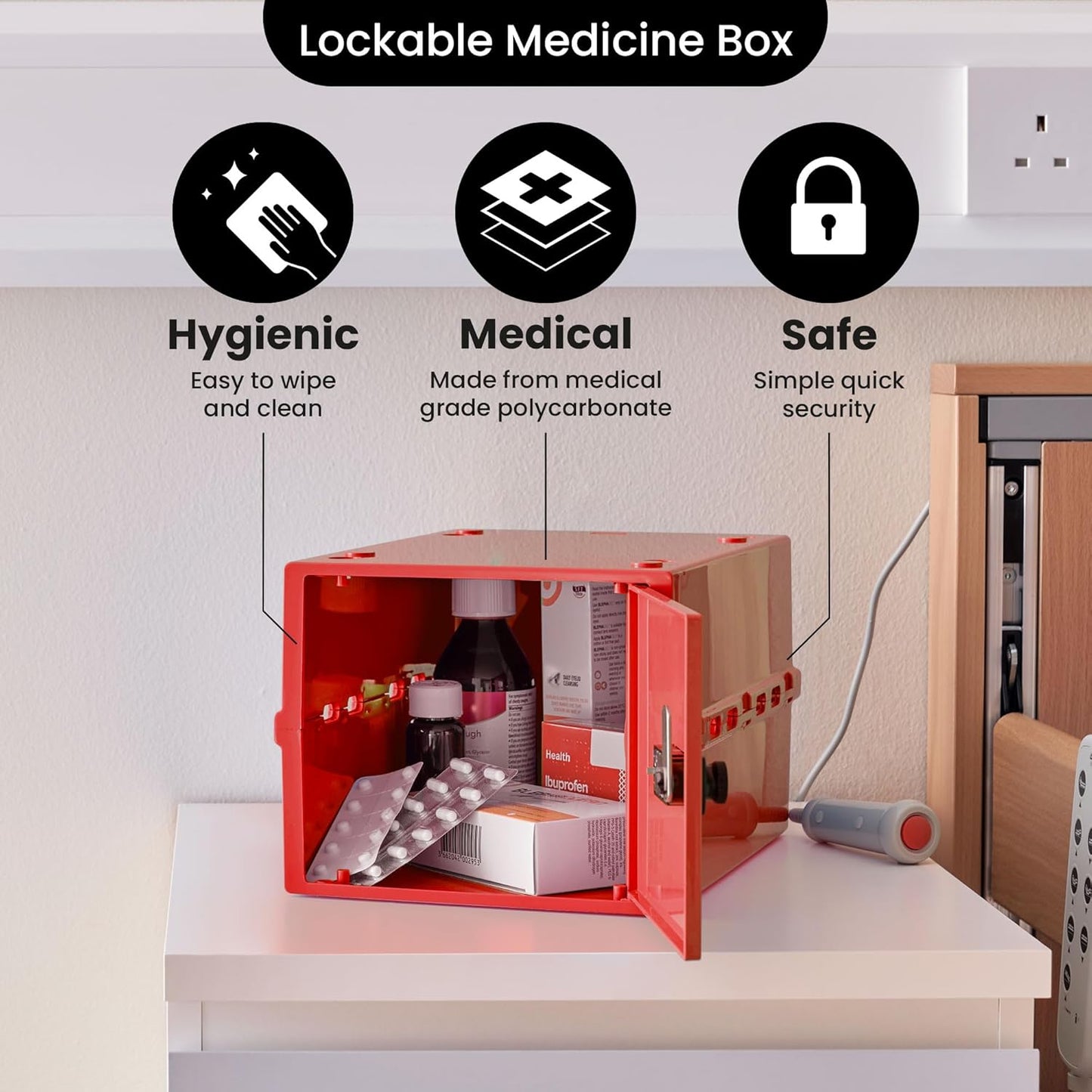 Lockabox One™ | Premium Medicine Lock Box | Medium Medication Lock Box With Code For Medicines, Vitamins & Supplements | External Size 12 x 8 x 6.6 inches (Medi Red)
