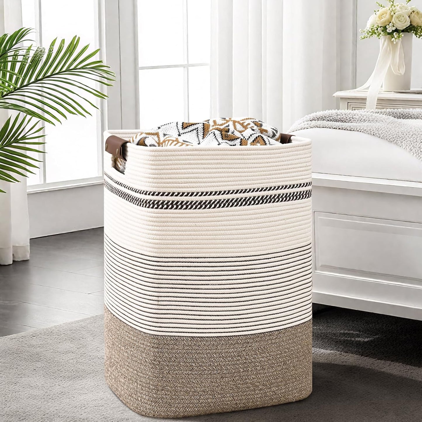 Laundry Hamper, 85L Tall Laundry Basket with Leather Handles, Rectangle Large Clothes Hamper for Organizing, Cotton Woven Laundry Baskets Storage Hampers for Bedroom, Nursery, Living Room