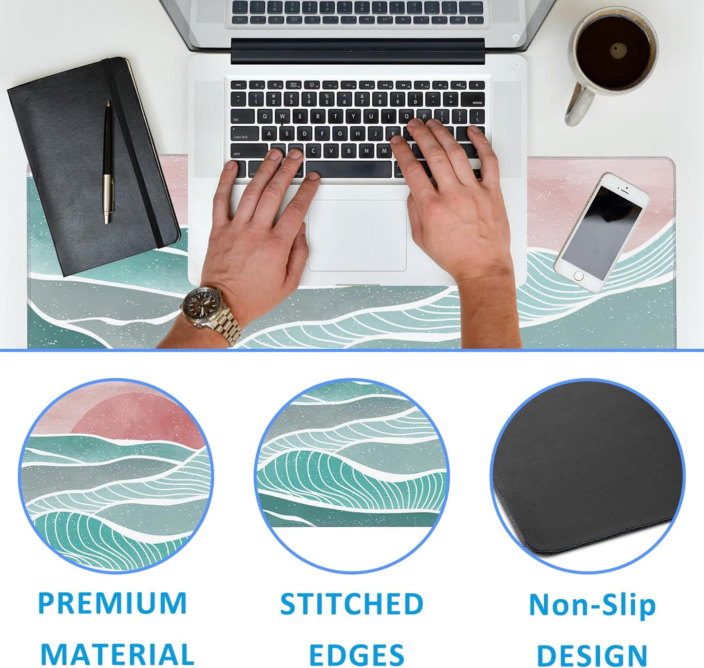 Ocean Wave and Mountain Large Gaming Mouse Pad,Waterproof Desk Mat for Desktop,Non-Slip Rubber Base Mousepad with Stitched Edges for Laptop Office and Home 35.4X15.7 Inch
