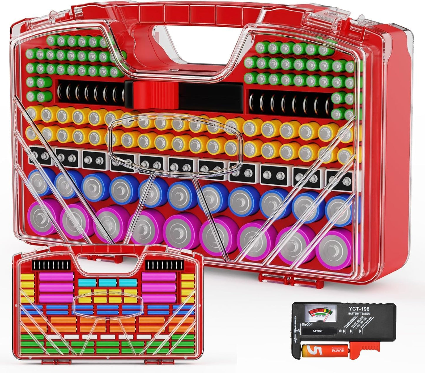 Battery Organizer Storage Holder Box Case with Tester - 285 Batteries Double-Sided Variety Pack, Holds AA AAA 4A C D Cell 9V 3V Lithium LR44 CR2 CR123 CR1632 18650 Button