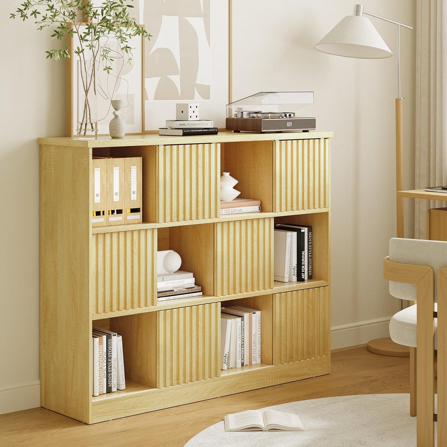 iPormis 12 Cube Bookcase with 6 Fluted Sliding Doors, 3 Tier Wooden Bookshelf, 47.2” Freestanding Cube Storage Organizer for Living Room, Office, Bedroom, Semi-Open Bookshelves, Natural