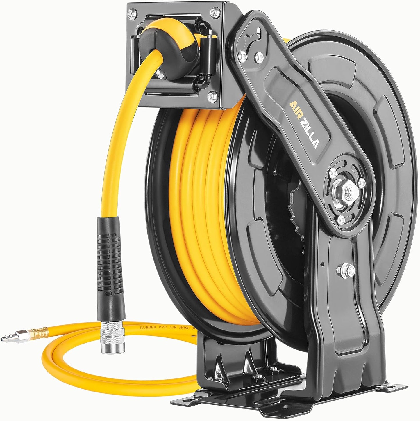 Premium Steel Retractable Air Hose Reel With Dual Arm, 3/8"x50Ft Hybrid Polymer Hose, Heavy Duty Air Hose Reel included Auto Rewind Reel | Quick Air Coupler | Durable Double side Frame.