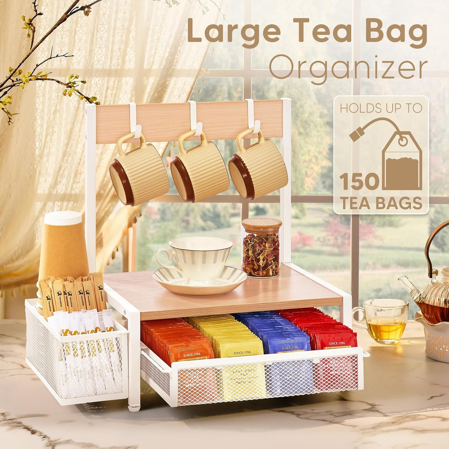 Tea Bag Organizer, Wood Tea Organizer and Storage Cheast, Tea Bag Holder with Storage Drawer, 4 Hooks for Tea Cups Holder, Tea Station Chest Display Container Box for Countertop Kitchen (White)