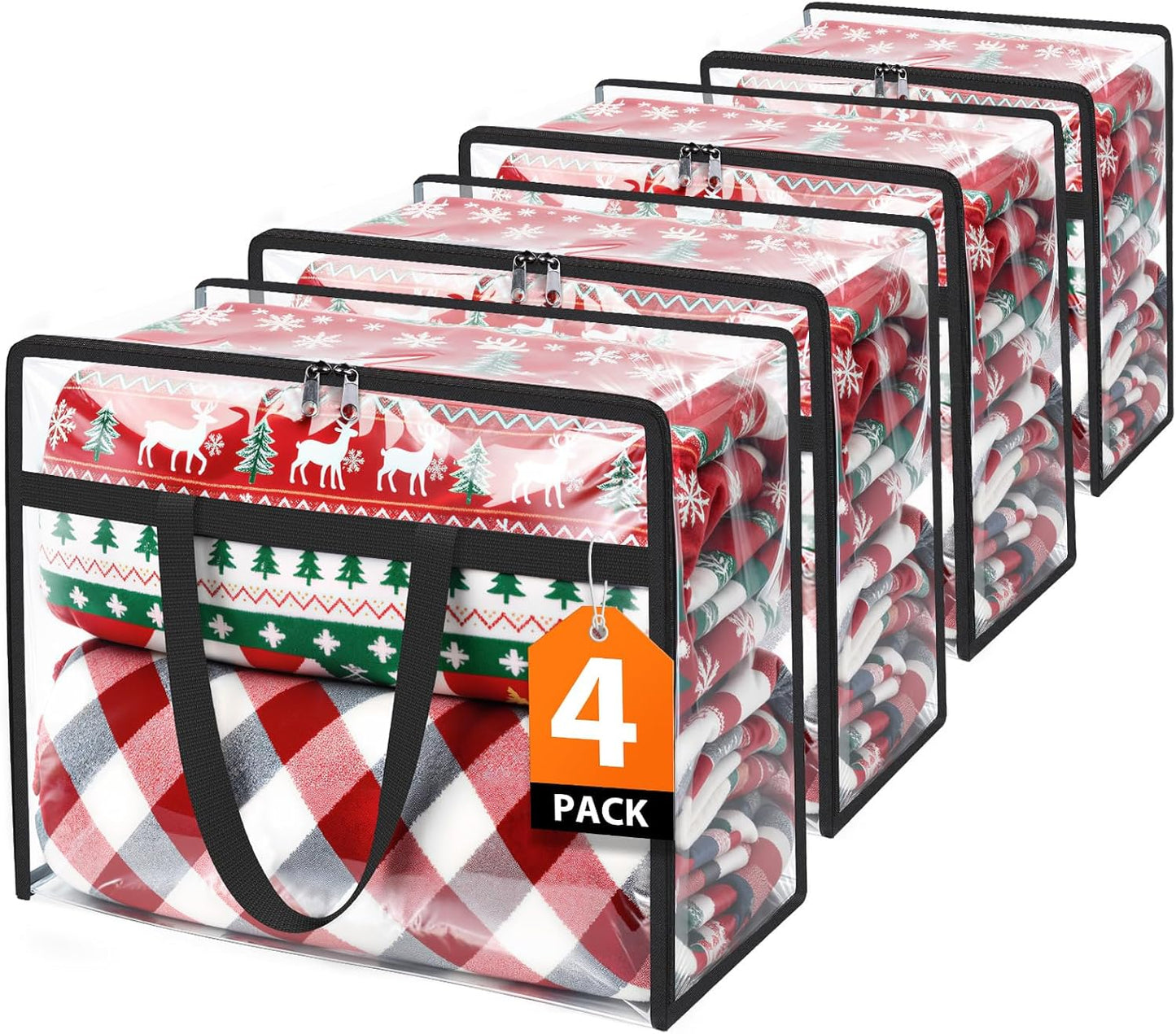 Clear Clothes Storage Bags, 4 Pack Closet Organizers and Under Bed Storage Containers, Foldable Moving Bags with Zippers for Comforter, Blanket, Bedding, Duvet, PVC Packing Bags 90L