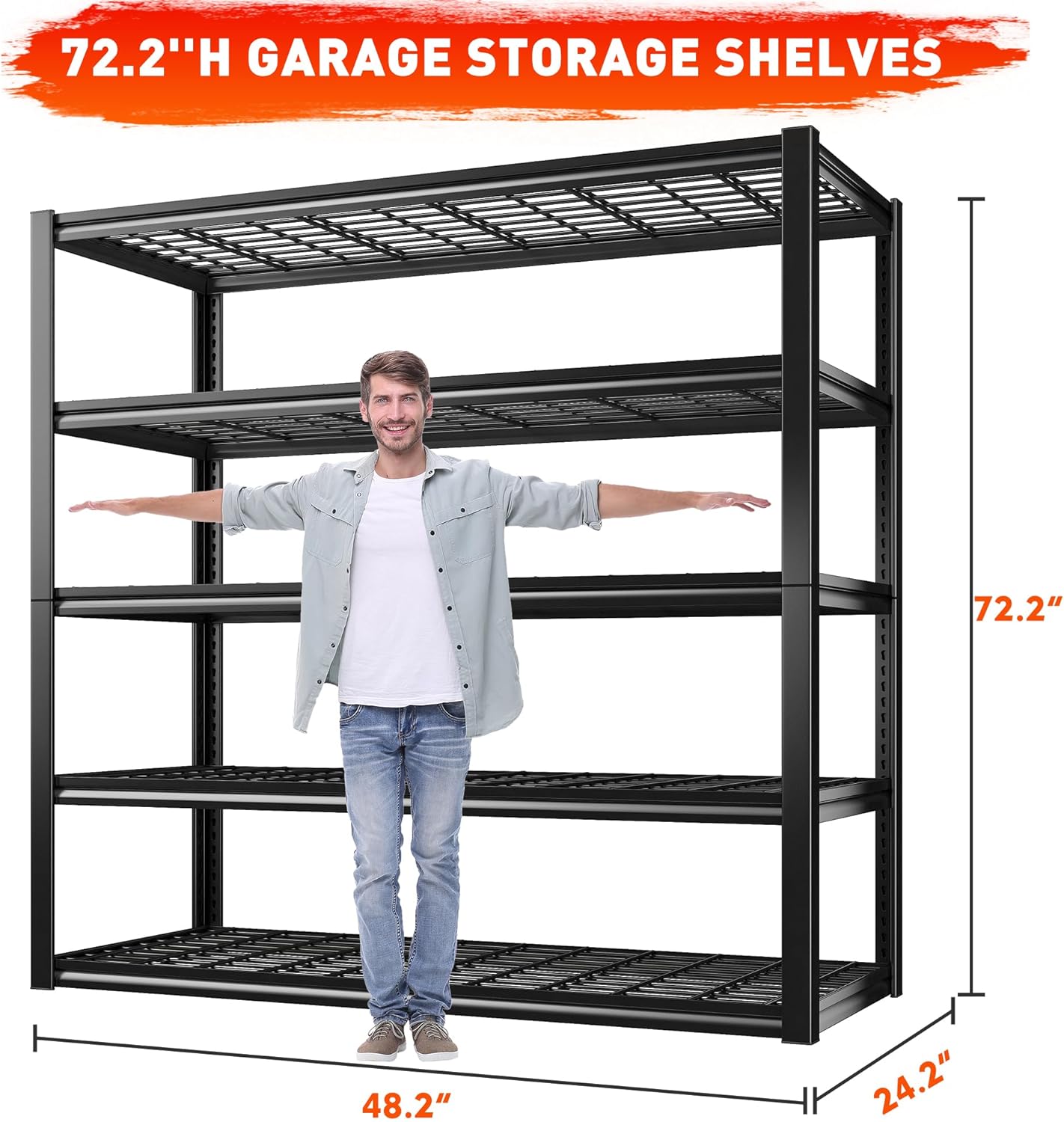REIBII 48.2''W Garage Shelving Heavy Duty Metal Shelving 3000LBS Storage Shelves Adjustable Metal Shelves Industrial 5 Tier Garage Shelf for Basement Pantry Warehouse Supermarket, 2 Pack