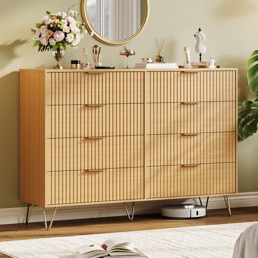Garvee Fluted Dresser for Bedroom with 8 Drawers,55" Wide Modern Chest of Wooden Bedroom Chest with Metal Handle,Clothes Storage Organizer,Closet Dresser & TV Stand for Living Room,Hallway