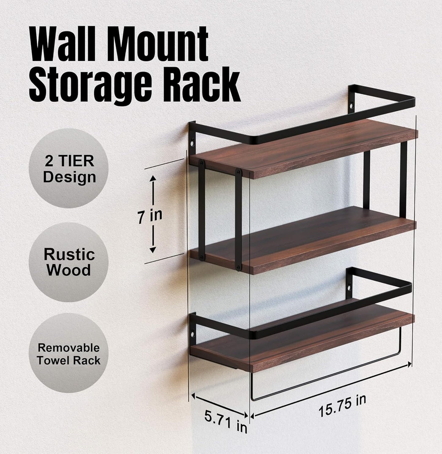 RICHER HOUSE 2+1 Tier Wall Mounted Floating Shelves Set of 2, Rustic Wood Shelf with Metal Frame, Extra Storage Rack for Bathroom, Kitchen, Bedroom with Tissue Rack & Towel Bar - Rustic Brown