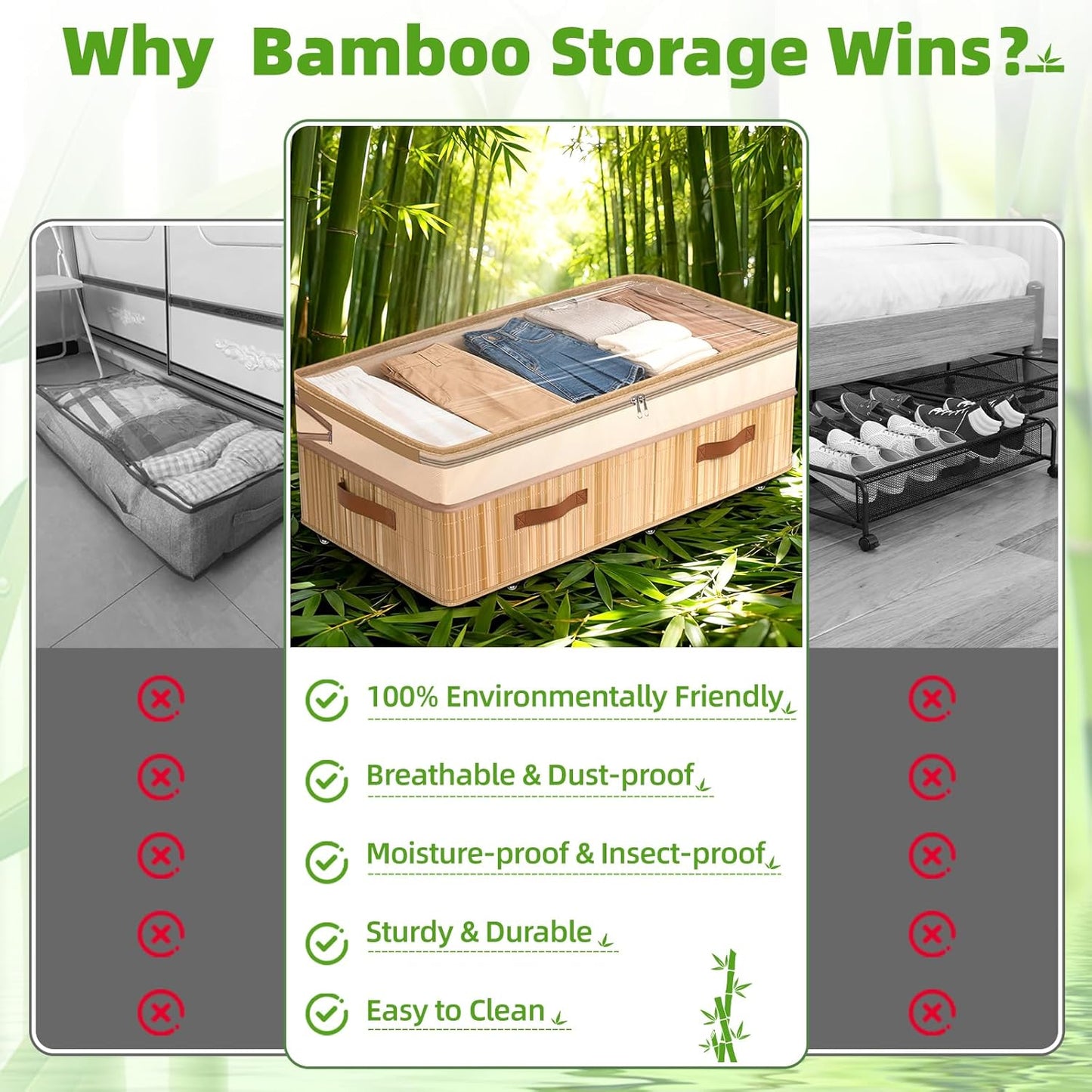 Livole 2 Pack Bamboo Under Bed Storage with Wheels, 6-10 inches Height Adjustable Underbed Storage Containers, 92L XXXL Large Rolling Under Bed Storage Bins for Clothes, Blankets, Sweater, Shoes