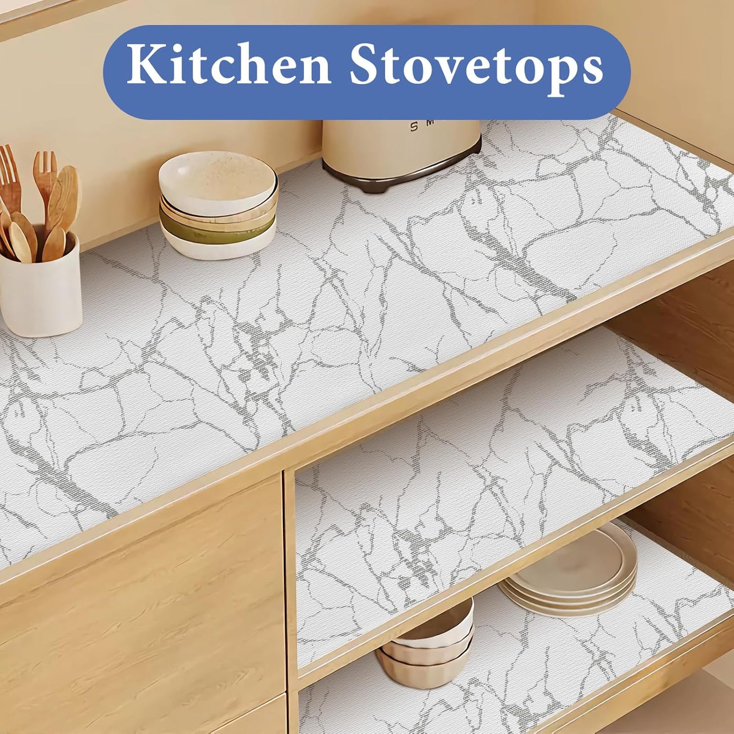 Drawer and Shelf Liner for Kitchen Cabinet: 23.6 in X 30 Ft Non Slip Waterproof Shelf Paper Non Adhesive Refrigerator Liners Silver Marble Easy Liners for Bathroom with Knife Tape Measure