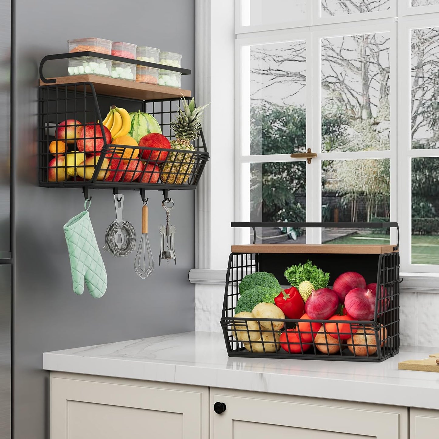 2 Set Magnetic Shelf for Fridge,Onion and Potato Spice Snacks Fruit and Vegetable Storage and Organizer,Wall Hanging Wire Basket for Pantry,Kitchen Countertop,RV and Laundry