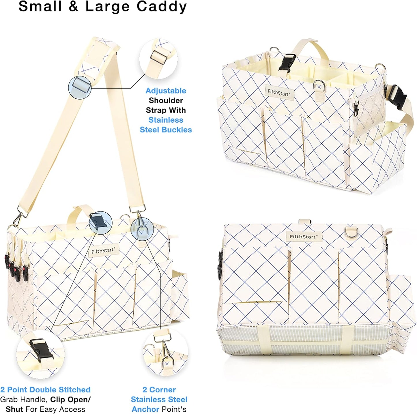 FifthStart Professional Cleaning Caddy - Heavy-Duty Organizer Tote with Adjustable Compartments, Mesh Base, 9 Pockets & Shoulder Strap for Cleaning Supplies (Blue Check, LArge)