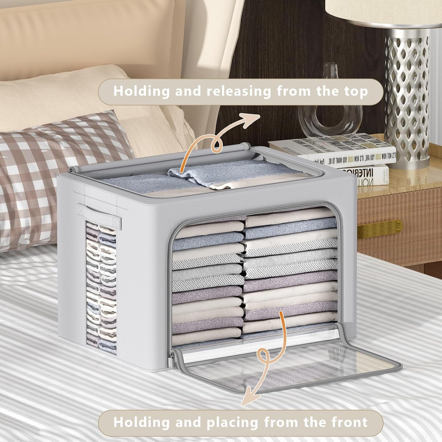 CYhom 3Pack Frame Storage Box - Clothes Storage Bin Bags Oxford Fabric Foldable Stackable Container Organizer Set with Clear Window & Carry Handles Large Capacity (Grey, Small-22L)