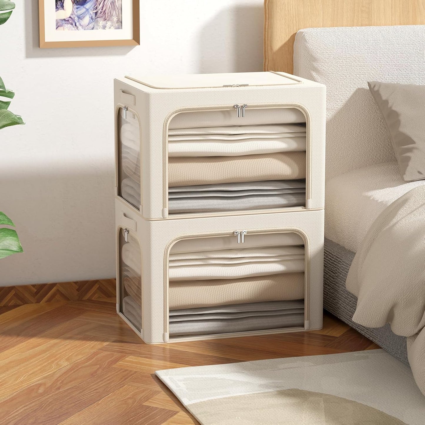 CYhom 3Pack Clothes Storage Bins - Oxford Frame Storage Box Foldable Stackable Storage Organizer with 3 Openings Design, Metal Frame, Clear Window, Carry Handles (36L-15.7 * 11.8 * 11.8in, Beige)