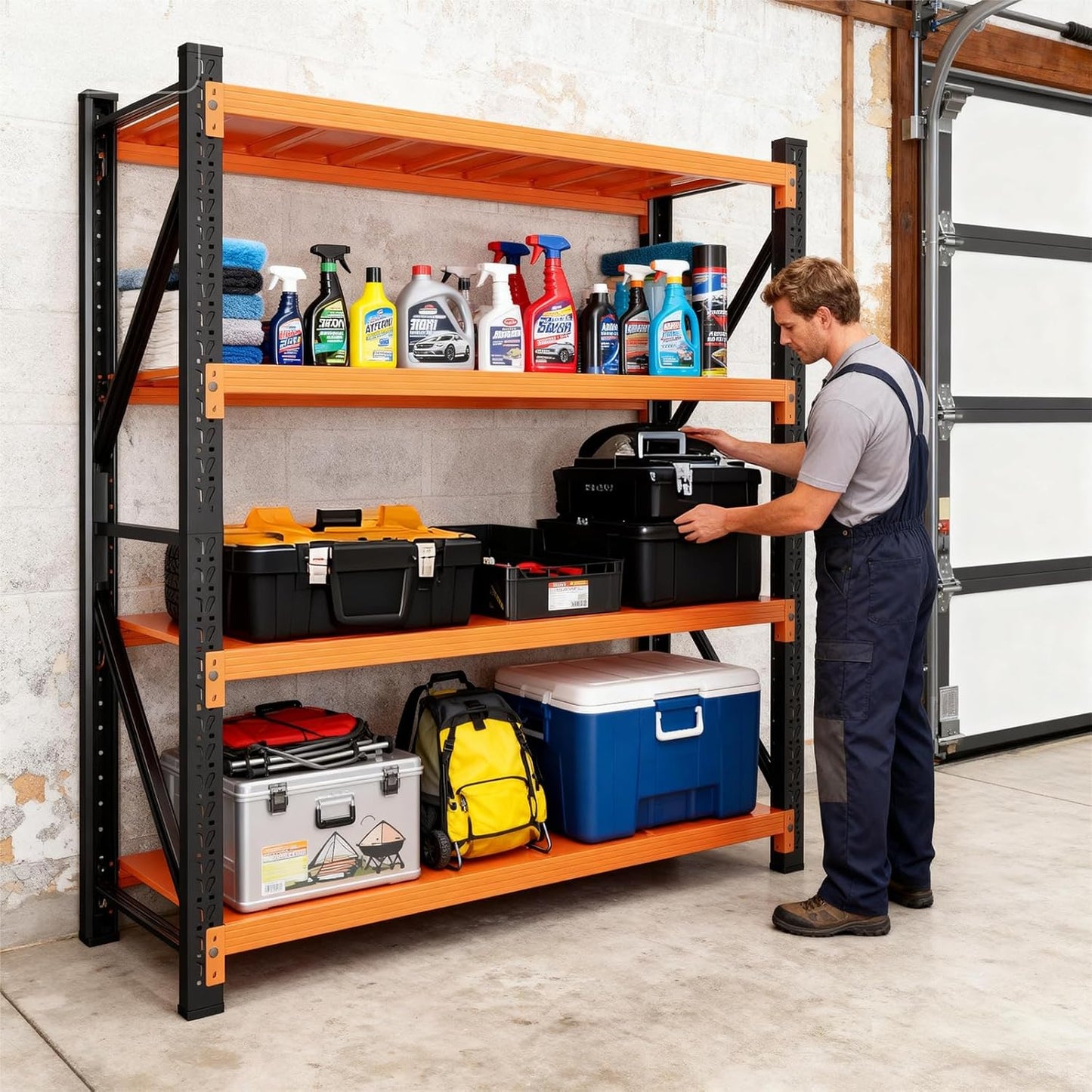 79" H Garage Shelving,4000LBS Heavy Duty Storage Rack,4 Tiers Metal Storage Rack Shelf, Adjustable Shelving Unit for Garage,Kitchen,Warehouse,Basement,78.7" H x 59" W x 19.6" D,Black&Orange