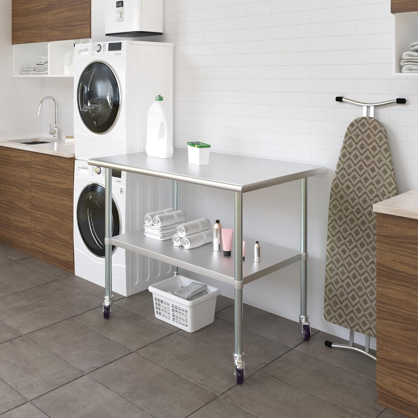 AmGood 30" x 48" Stainless Steel Work Table with Casters | Heavy Duty Metal Utility Table On Wheels | Kitchen Island Cart