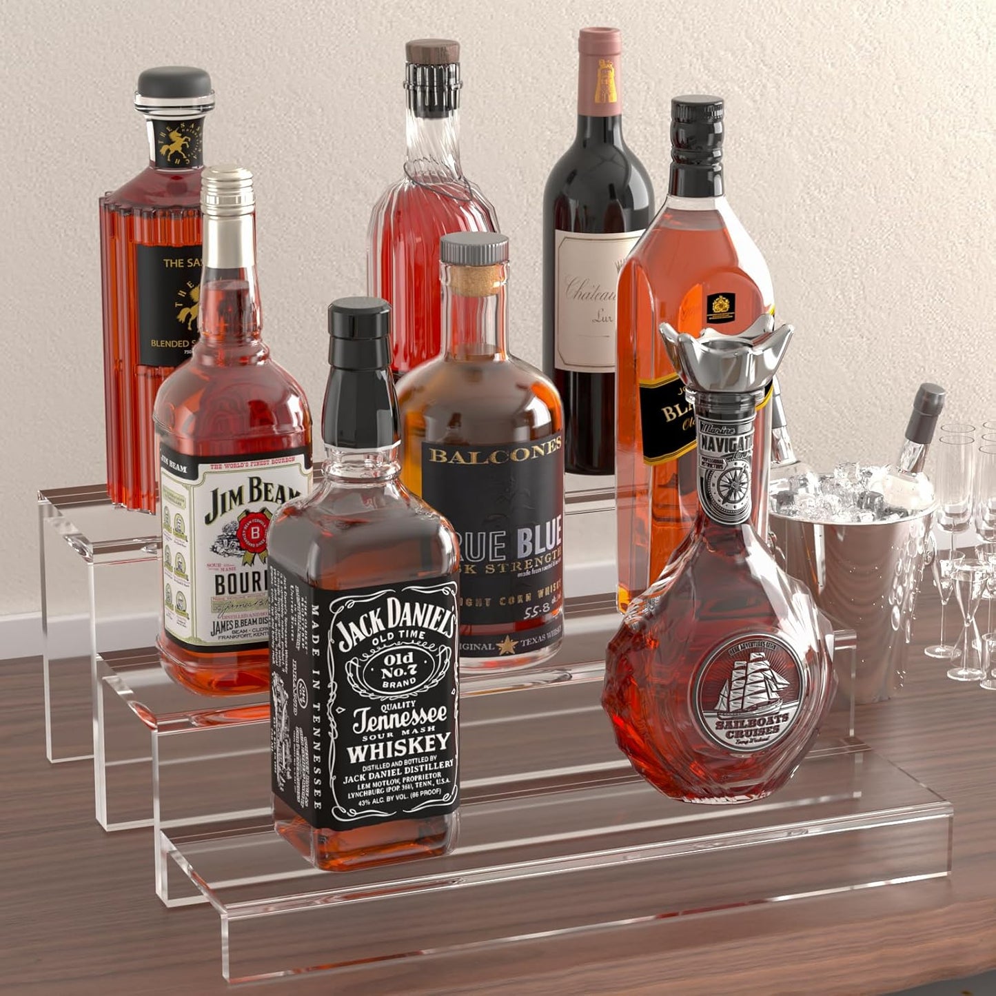 2 Pack Tiers Bar Shelves for Liquor Bottles, 15" Clear Acrylic Risers Display Racks Stands for Figures Pops Cupcake Perfume Collections (Clear)