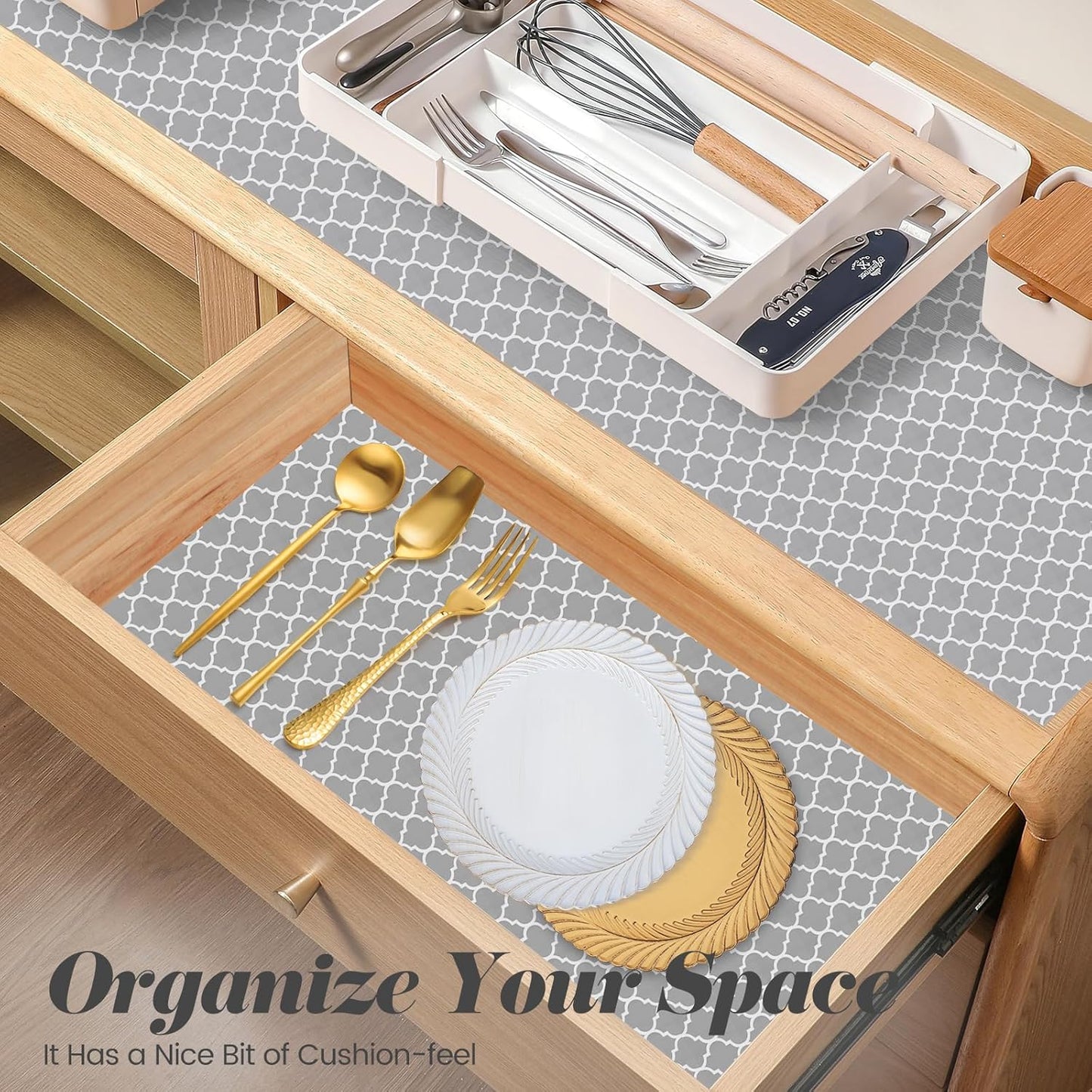 Drawer Shelf Liner for Kitchen Cabinets, Non Adhesive Slip Resistant Shelf Paper Easy to Clean, Strong Grip Thickened Waterproof Washable Mats for Pantry Shelves, Cupboard, Dresser, 17.5 in x 30 FT