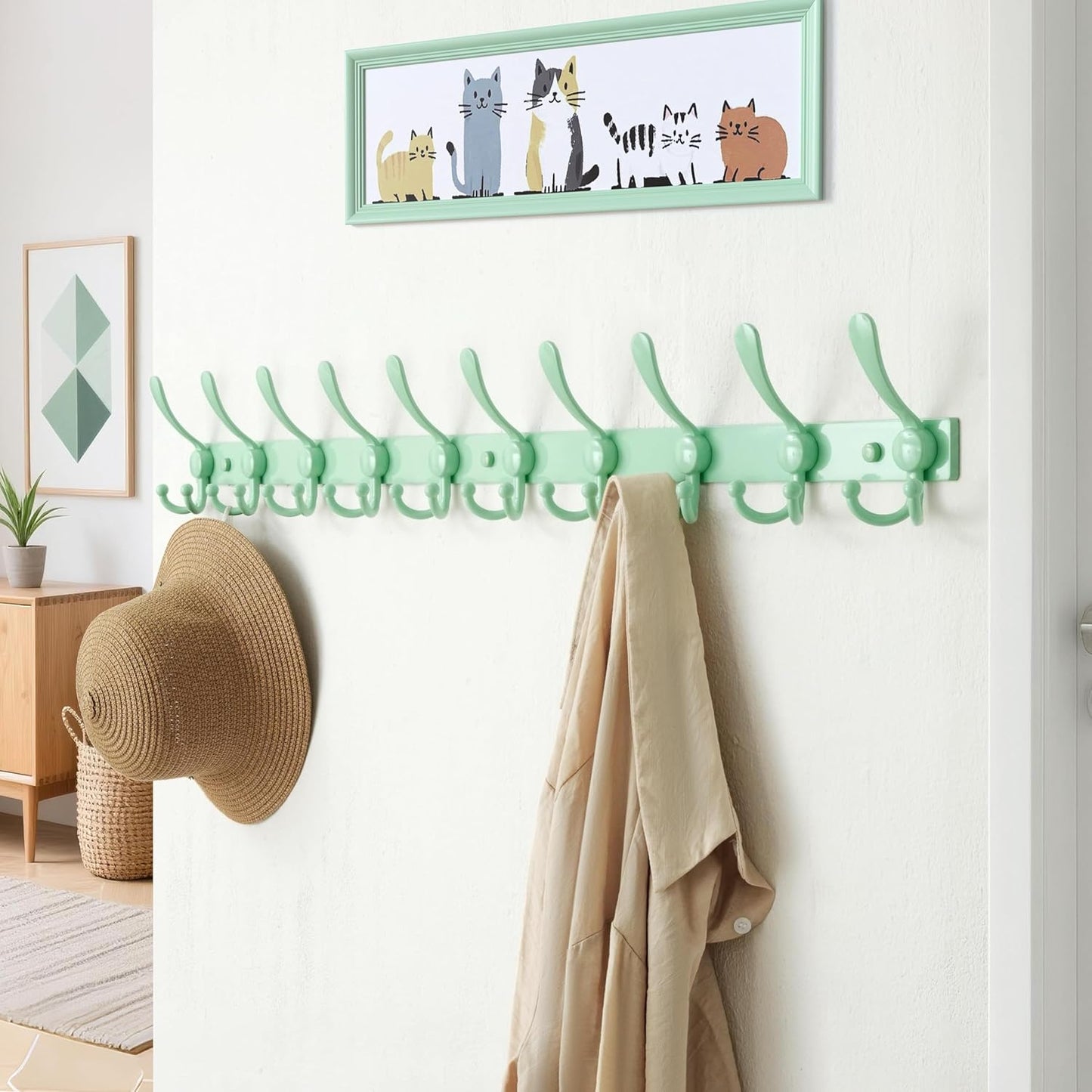 Dseap MaxStrong 2.0 Coat Rack Wall - 37” Long 10 Tri Hooks - Ultra Heavy-Duty Stainless Steel Wall Mount Coat Hanger, Hook Rail for Clothes Hats Jacket Towels Green