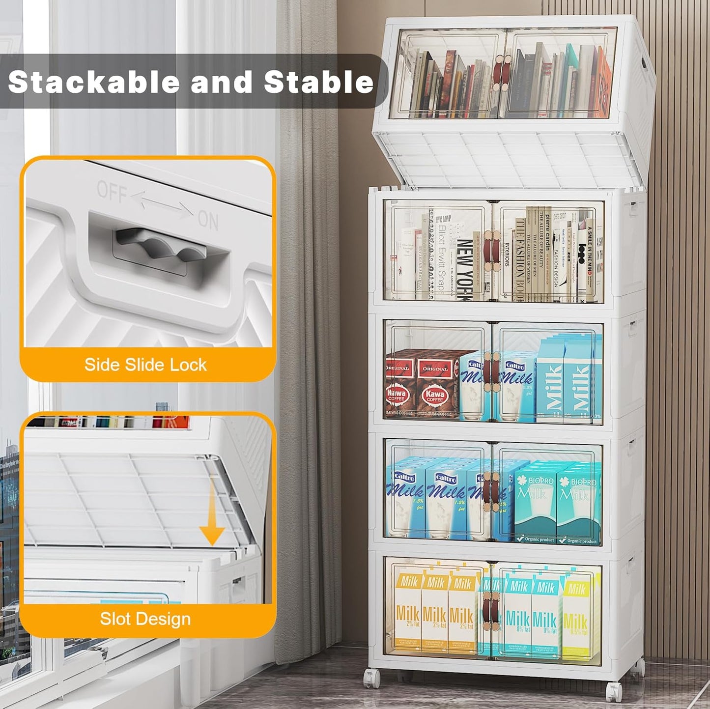275Qt Stackable Storage Bins with Lids, 5 Pack Large Collapsible Bins with Wheels, Plastic Cabinet with Doors, Foldable Closet Organizers and Storage for Home, Dorm, Office, White